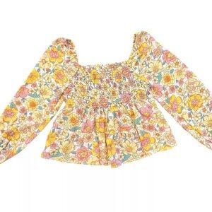 Derek‎ Heart Floral Top Long Sleeve Tiered Off Shoulder Ruched Size Small Yellow